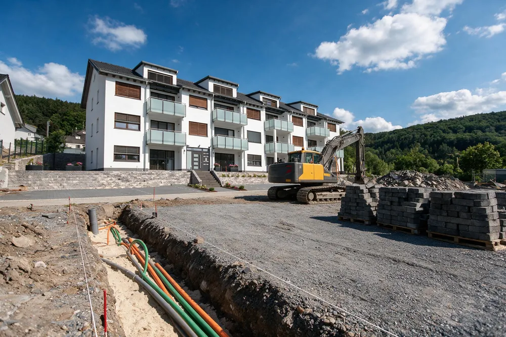 Gestaltungsbeispiel: Offener Graben mit Leerrohren und Drainageleitung neben einem Neubau, bevor die Flächen gepflastert werden
