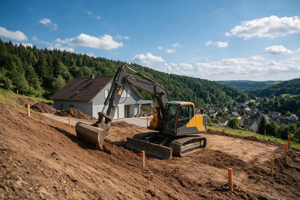 Beispielbild: Bagger modelliert ein Hanggrundstück hinter einem Neubau, Pflöcke markieren die Sollhöhen