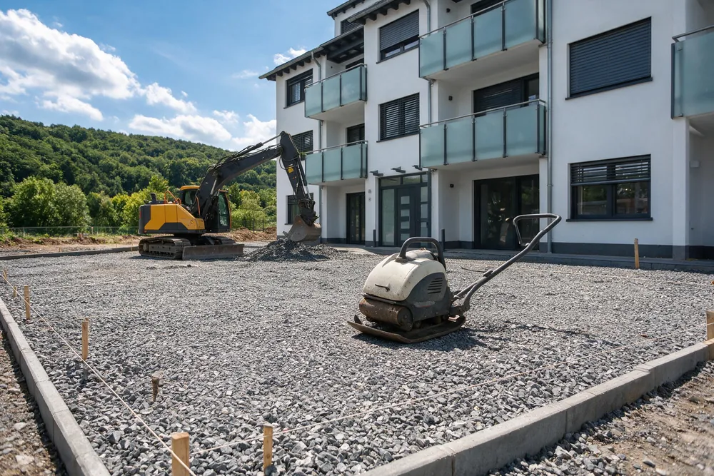 Beispielbild: Schottertragschicht vor einem Neubau mit Schnur und Höhenpflöcken, Bordsteine gesetzt, Rüttelplatte bereit