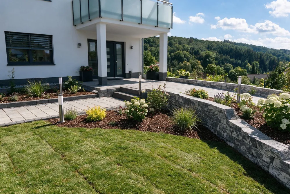 Gestaltungsbeispiel: Neu angelegter Garten mit Rollrasen, Mauer aus Mauersteinen, Plattenweg und frischen Beeten hinter einem Wohnhaus