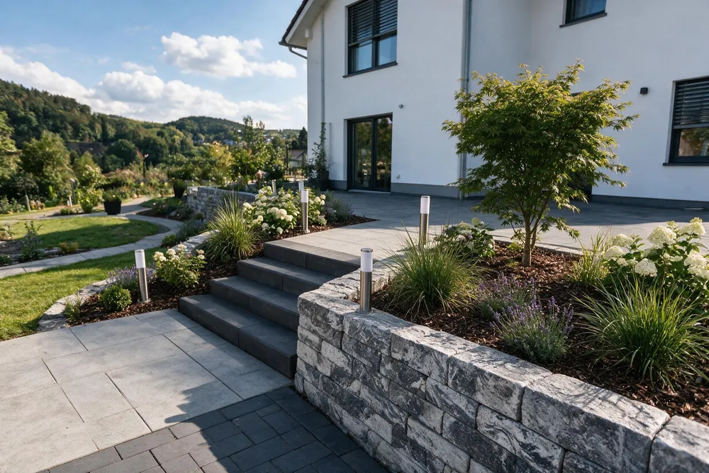 Gestaltungsbeispiel: Terrasse aus Betonplatten neben einem Hochbeet aus Mauersteinen mit Gräsern, Hortensien und jungem Ahorn