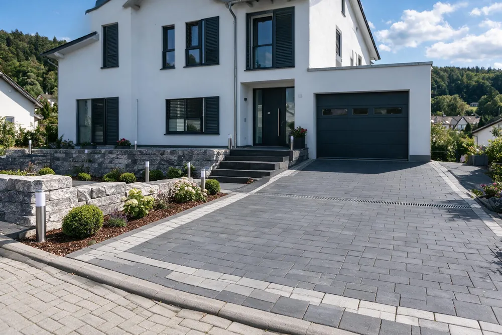 Gestaltungsbeispiel: Einfahrt aus anthrazitfarbenem Betonpflaster mit hellem Randstreifen und Rinne vor der Garage eines Einfamilienhauses