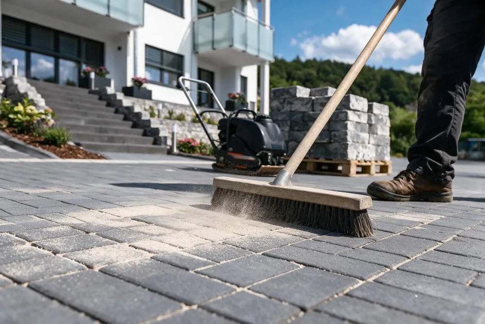 Gestaltungsbeispiel: Fugensand wird mit dem Besen in frisch verlegtes Betonpflaster eingekehrt