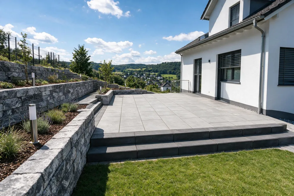 Gestaltungsbeispiel: Terrasse aus großformatigen Betonplatten mit Blockstufen zum Rasen und Mauer aus Mauersteinen am Hang