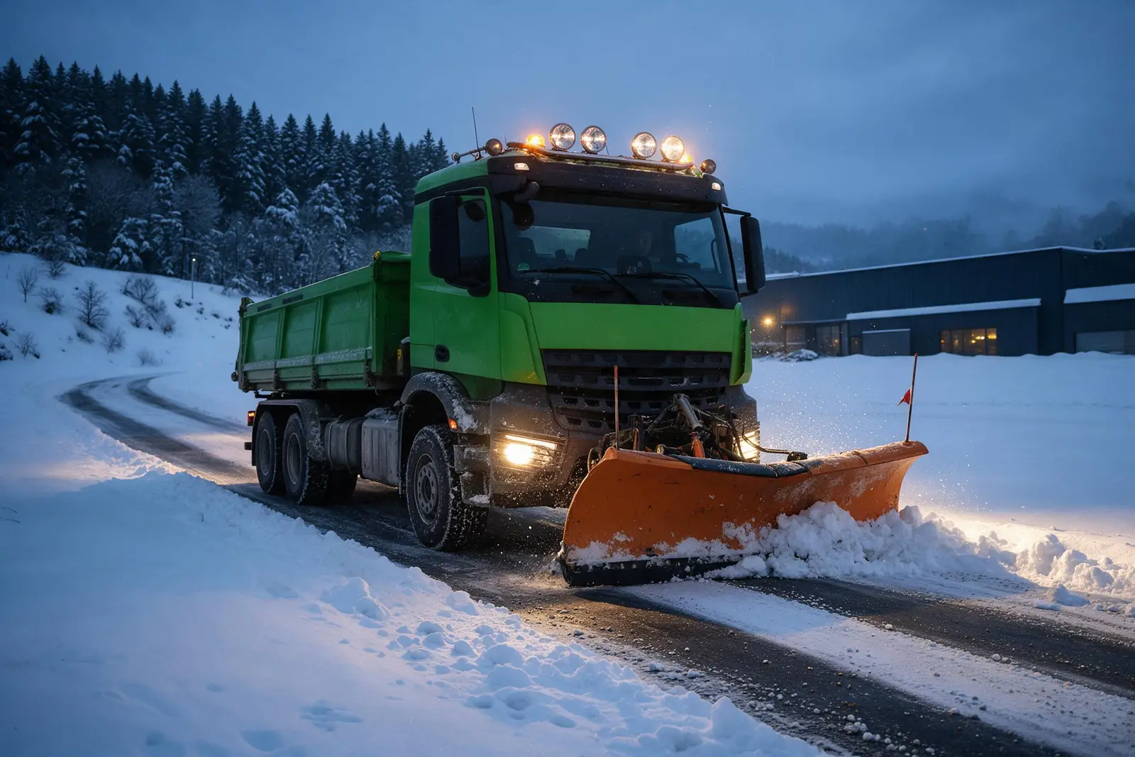 Grüner Kipper mit Schneepflug räumt in der Morgendämmerung eine verschneite Zufahrt an einer Gewerbehalle