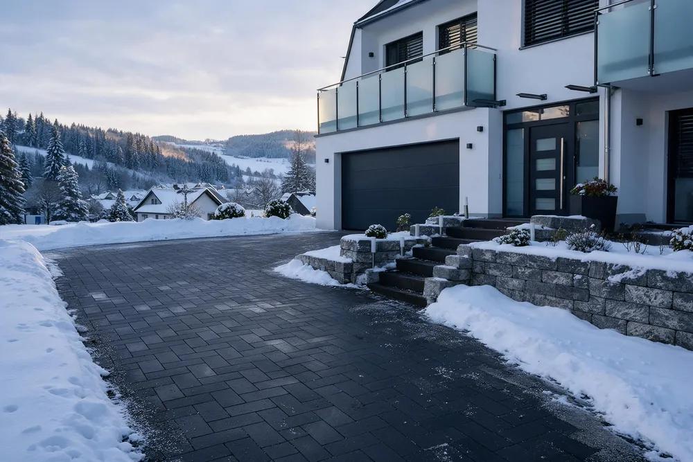 Beispielbild: Geräumte Pflastereinfahrt vor einem Wohnhaus bei Sonnenaufgang