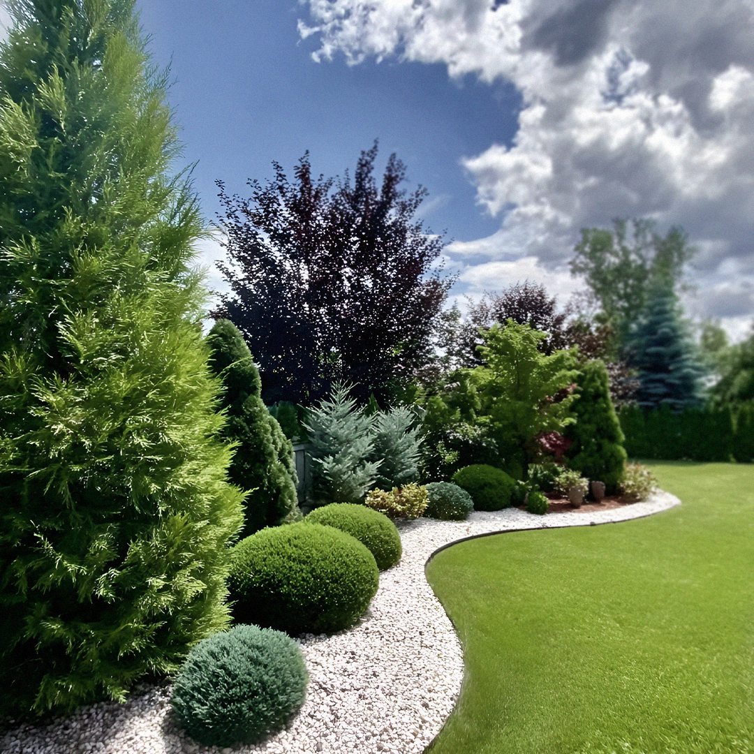 Gestalteter Aussenbereich mit Terrassenflaeche