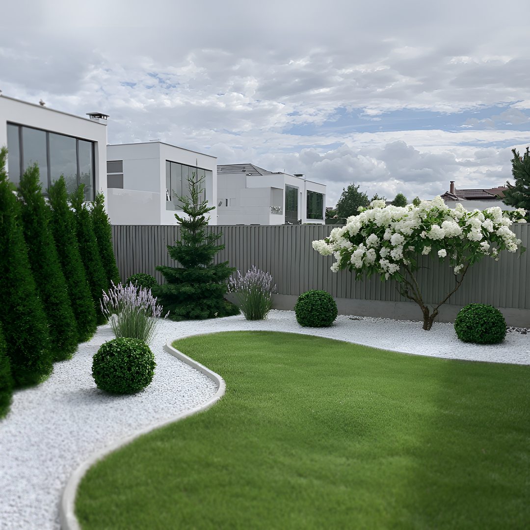 Aussenanlage mit strukturierter Flaechengestaltung