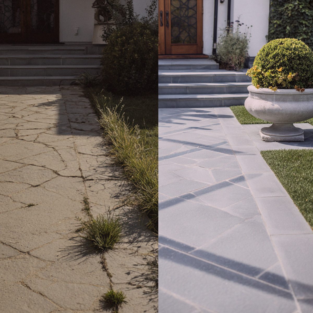 Vorher-nachher-Beispiel einer gepflasterten Aussenflaeche